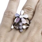 Moroccan Ring, 925 Sterling Silver Vintage Real Rose Mother-of-Pearl Leaf Ring