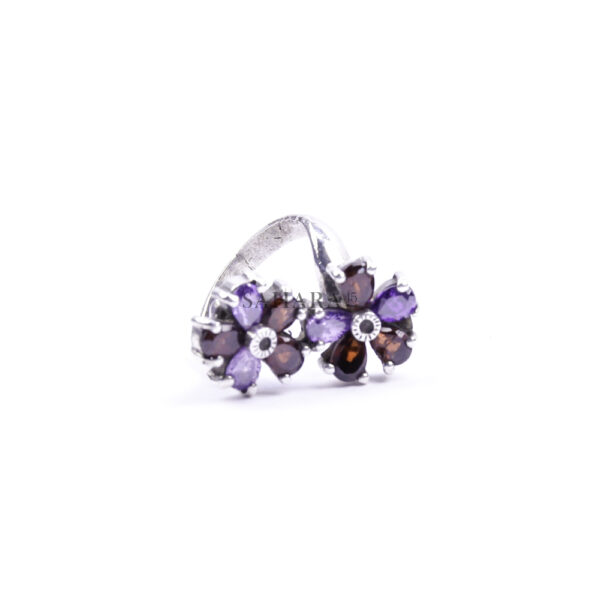 Moroccan Ring, 925 Sterling Silver Real Diamond & Multi-Color Sapphire 2 Flower Ring