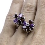 Moroccan Ring, 925 Sterling Silver Real Diamond & Multi-Color Sapphire 2 Flower Ring