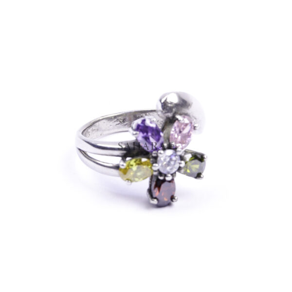 Moroccan Ring, 925 Sterling Silver Real Diamond & Multi-Color Sapphire Flower Ring