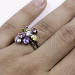 Moroccan Ring, 925 Sterling Silver Real Diamond & Multi-Color Sapphire Flower Ring