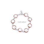 Vintage Mother of Pearl and Red Gem Circle Link Bracelet, Handmade Link Bracelet, 925 Sterling Silver