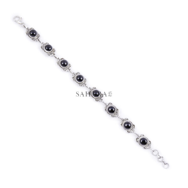 Black Onyx Gem Balls Panel Circle Design Link Bracelet, Handmade Link Bracelet, 925 Sterling Silver