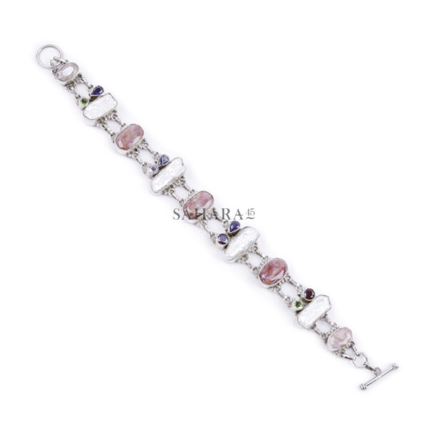 Vintage Mother of Pearl and Ruby Pink Gem Modernist Link Bracelet, Handmade Link Bracelet, 925 Sterling Silver