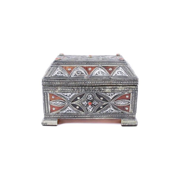 Moroccan Vintage Jewelry Box, Handcrafted Leather Box With Coral, Silvered Metal Filigree