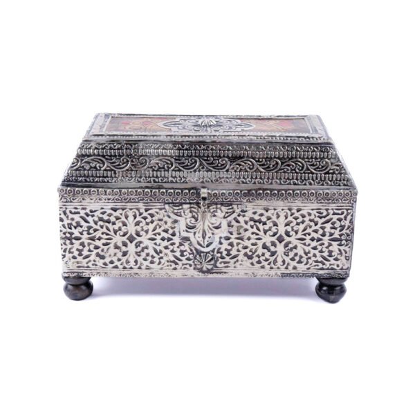 Moroccan Jewelry Box, Handcrafted Leather Box With silver Color, Silvered Metal Filigree