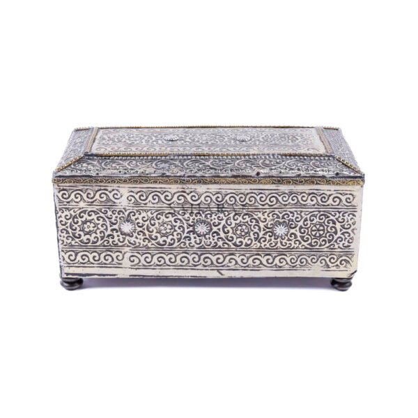 Moroccan Vintage Jewelry Box, Handcrafted Red dress Box, Silvered Metal Filigree Internal dimensions: 7.08" x 3.14" x 2.55 IN