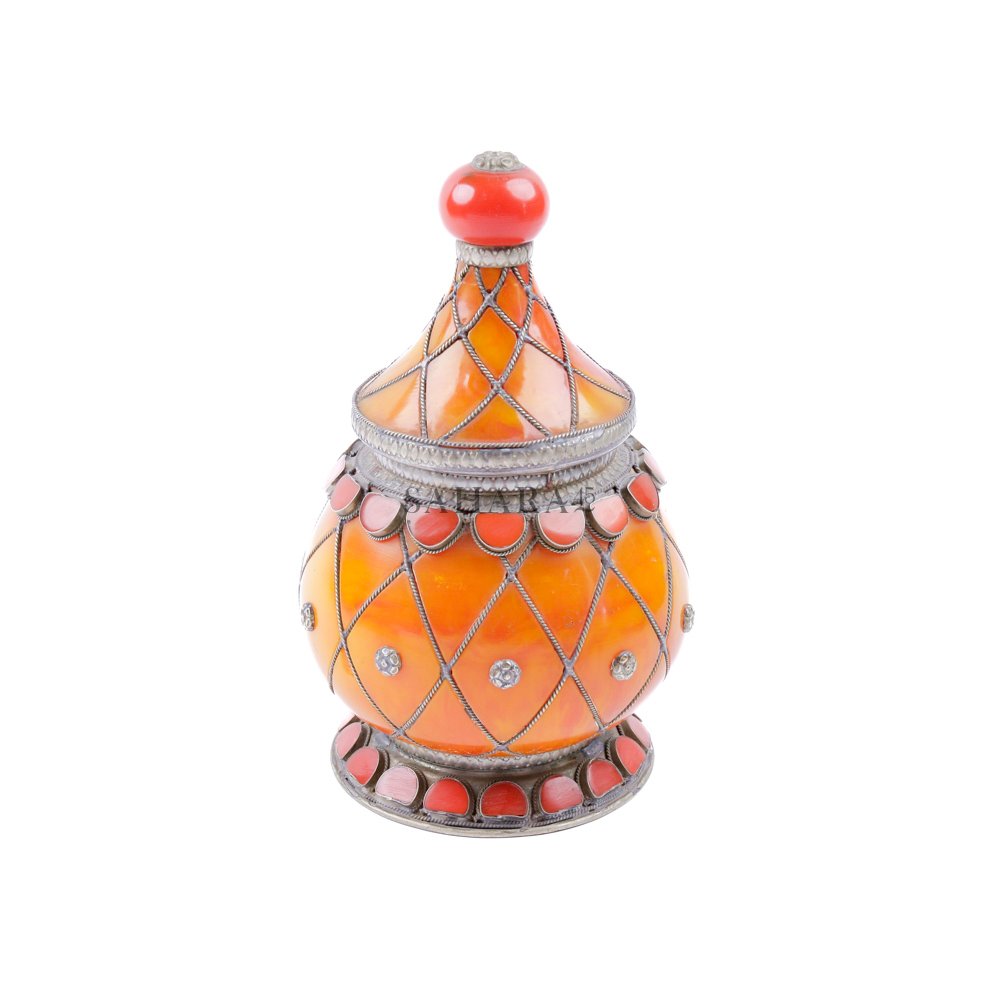 Moroccan Jewelry Box, Handcrafted Bakelite Lidded Jar in Burnt Orange & Copper