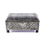 Moroccan Vintage Jewelry Box, Handcrafted Silvered Metal Filigree Black dress Box, & Wood