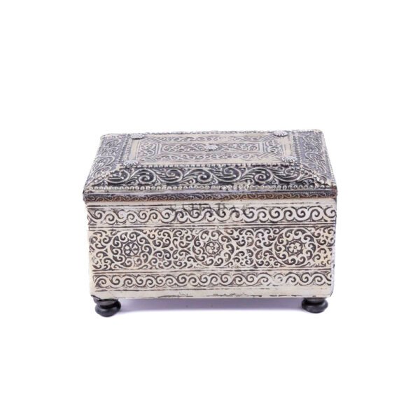 Moroccan Vintage Jewelry Box, Handcrafted Silvered Metal Filigree Red Dress Box, & Wood