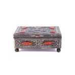 Moroccan Vintage Jewelry Box, Handcrafted Silvered Metal Filigree Box Wood With Coral