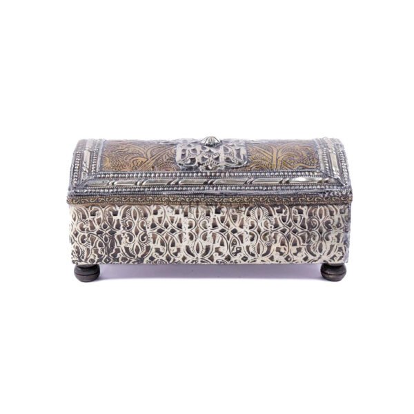 Moroccan Jewelry Box, Handcrafted Silvered Metal Filigree Box & Copper, Wood