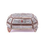 Moroccan Vintage Jewelry Box, Handcrafted Silvered Metal Filigree Box With Bone, Copper