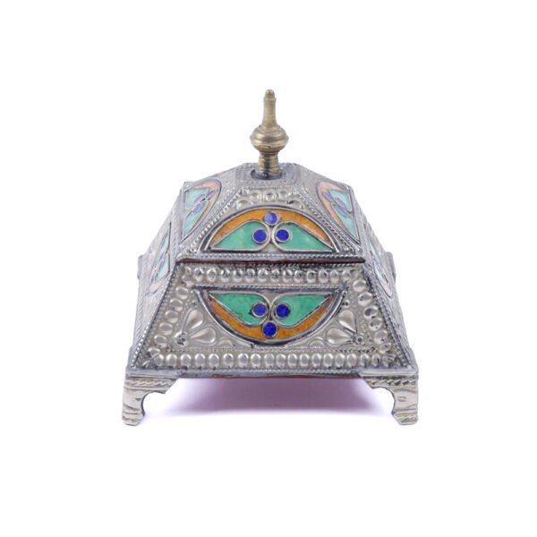 Moroccan Jewelry Box, Handcrafted Silvered Metal Filigree Silver Box & Enamel