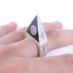 Tuareg Ring Pyramid, Ebony Wood, Chevron Bead, 925 Sterling Silver Handmade