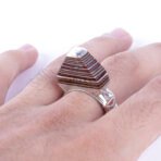 Tuareg Ring Pyramid, Ebony Wood, 925 Sterling Silver Handmade Vintage Tribal