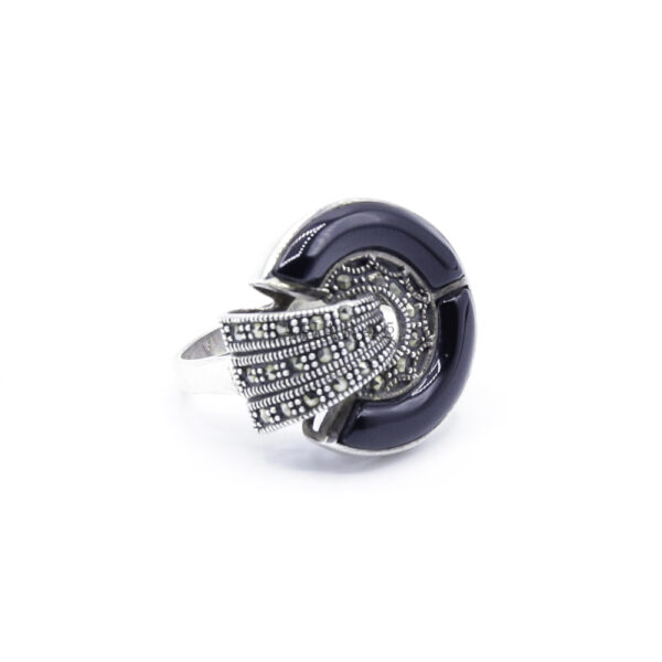 Black Onyx Gemstone and Marcasite Oxidized Ring