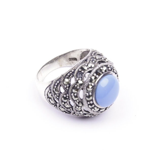 Blue Turquoise & Marcasite Gemstone Ring Handmade Moroccan Ring 925 Sterling Silver