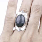 Green Jade Oxidized Ring, Oval Ring, Green Stone, Artisan Jewelry, 925 Sterling Silver