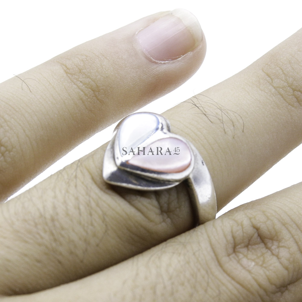 Mother of Pearl Ring, Pink and Blue Mother of Pearl, Heart Shaped, Handmade Ring, 925 Sterling Silver