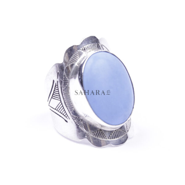 Natural Blue Chalcedony Cab Gemstone Ring, 925 Sterling Silver