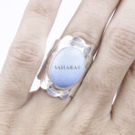 Natural Blue Chalcedony Cab Gemstone Ring, 925 Sterling Silver