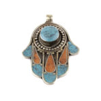 Tibetan Pendant, Hamsa Hand of Fatima Pendant, Turquoise Stone Amulet, Coral & Lapis Lazuli