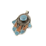 Tibetan Pendant, Hamsa Hand of Fatima Pendant, Turquoise Stone Amulet, Coral & Lapis Lazuli