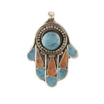 Tibetan Pendant, Hamsa Hand of Fatima Pendant, Turquoise Stone Amulet, Coral & Lapis Lazuli