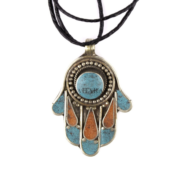Tibetan Pendant, Hamsa Hand of Fatima Pendant, Turquoise Stone Amulet, Coral & Lapis Lazuli
