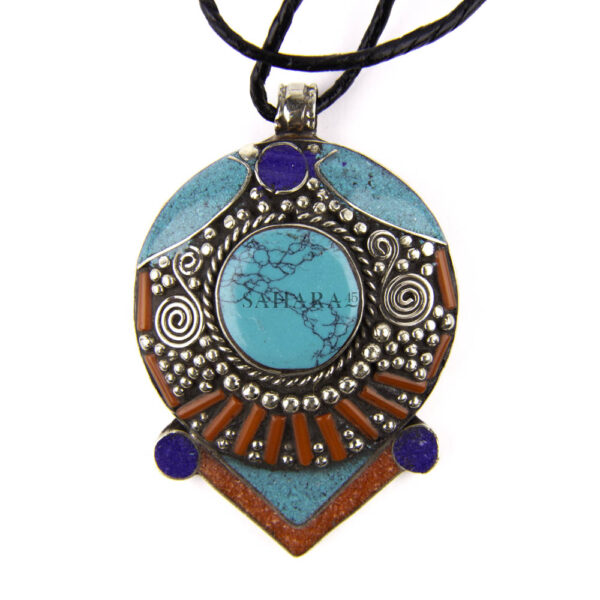 Tibetan Pendant, Handmade Pendant, Tibetan Silver Coral Stone, Turquoise Stainless Steel