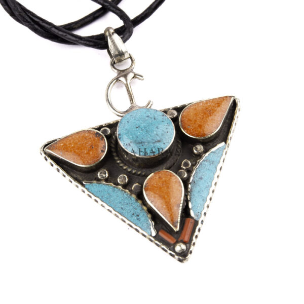 Tibetan Pendant, Tazerzit Pendant, Turquoise Stone Amulet, Coral & Lapis Lazuli