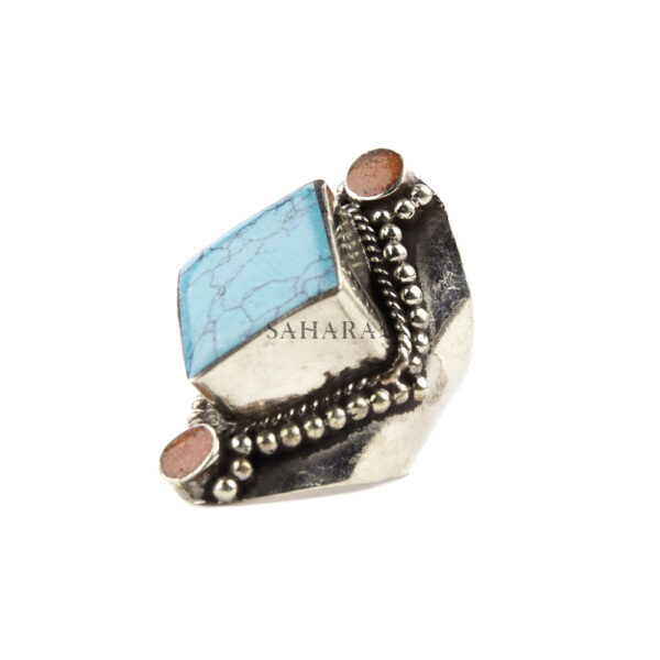 Tibetan Ring, Handmade Tibetan, Turquoise With Red Coral Ring Tibetan Jewelry