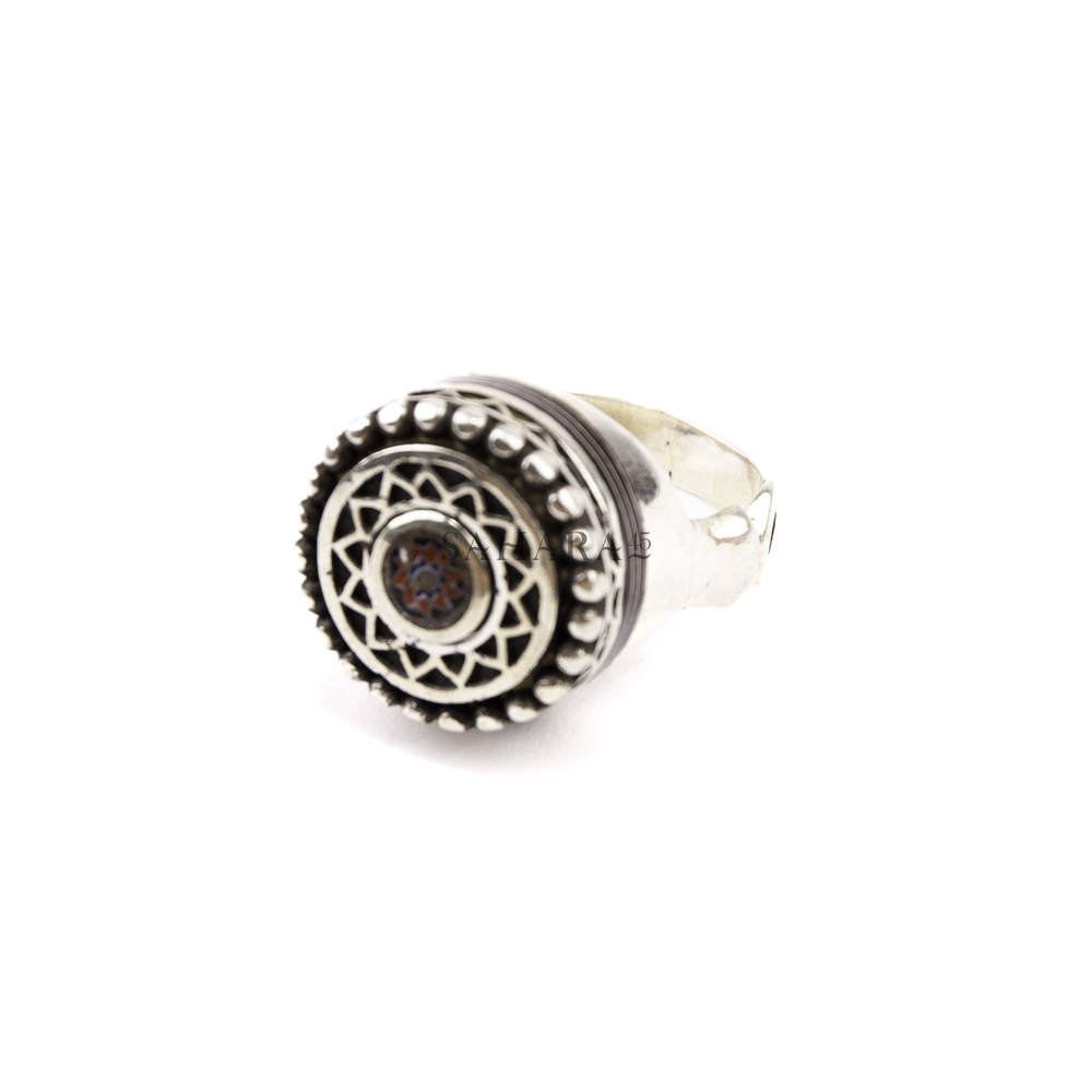 Ebony Ring with Chevron Bead, Engraved Tuareg Ring, Handmade Tuareg Silver Circular Ring.