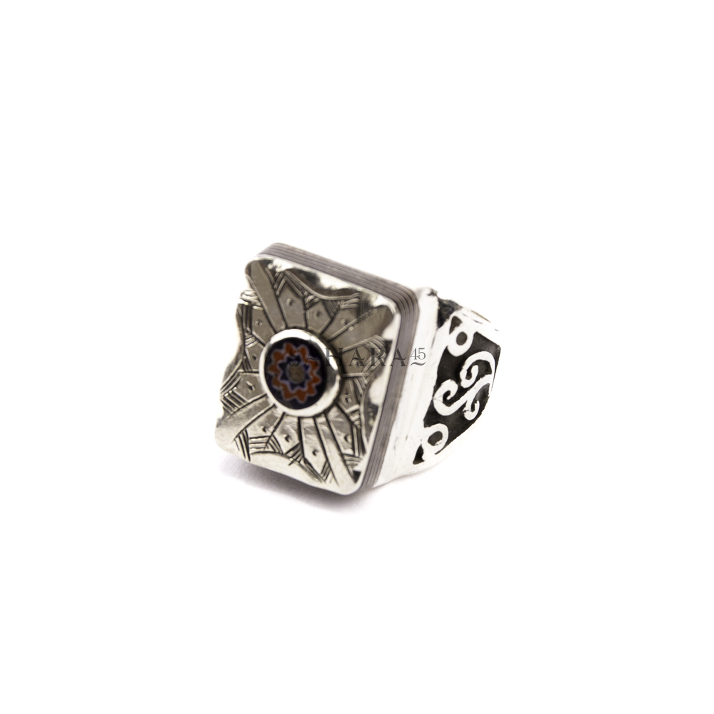 Ebony Ring with Chevron Bead, Engraved Tuareg Ring, Handmade Tuareg Silver Rectangular Ring