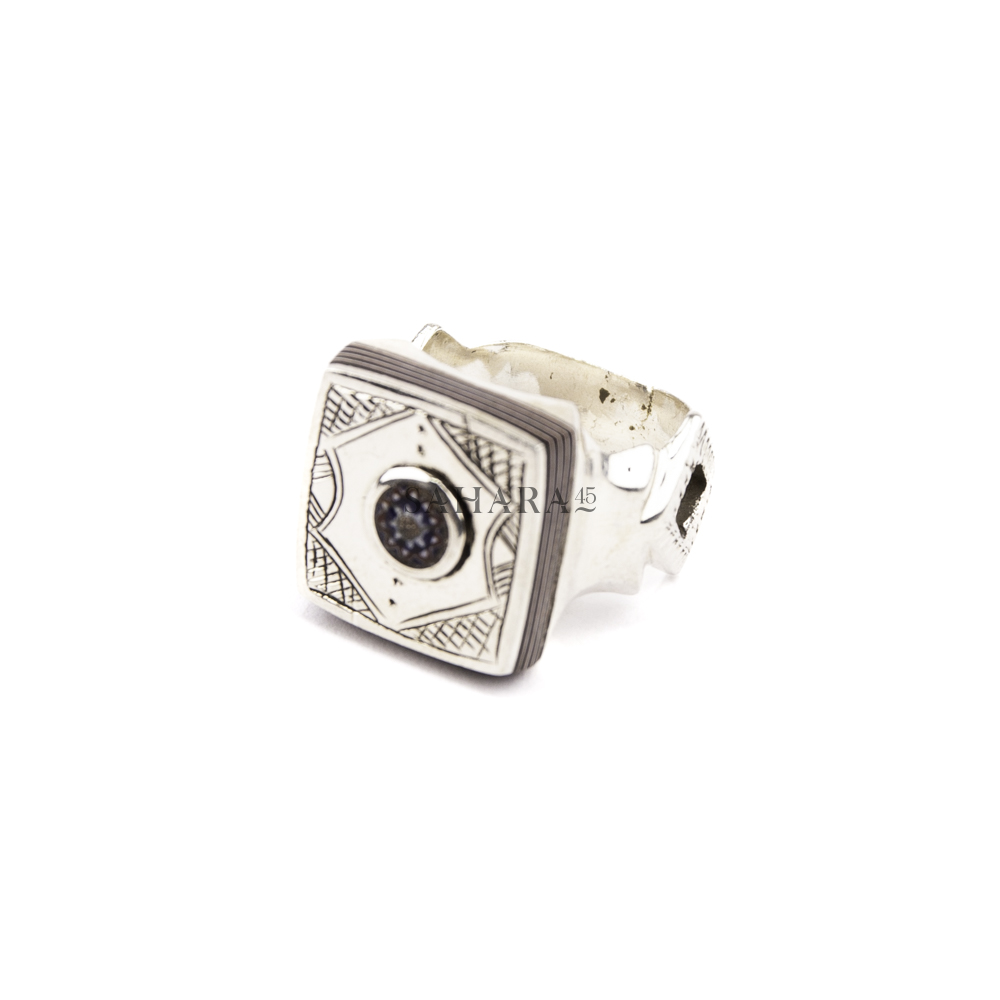 Ebony Ring with Chevron Bead, Engraved Tuareg Ring, Handmade Tuareg Silver Square Ring
