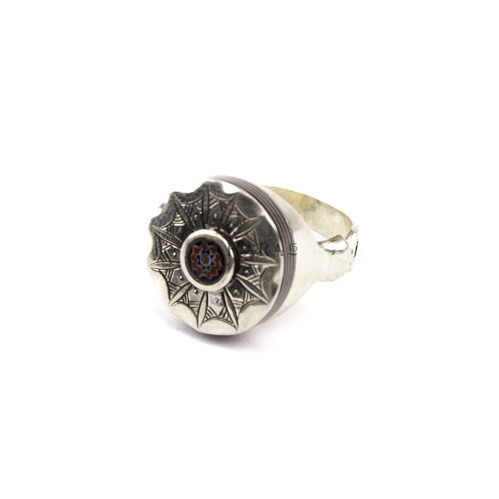 Ebony Ring with Chevron Bead, Engraved Tuareg Ring, Handmade Tuareg Silver Circular Ring.