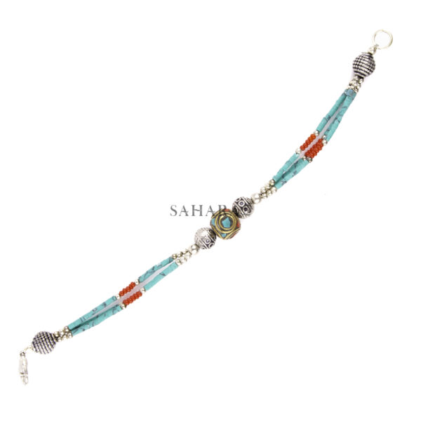 Turquoise, Red Coral, Bracelet Tibetan Silver Handmade Beaded Jewelry Ethnic Tribal Nepalese Bracelet Nepali