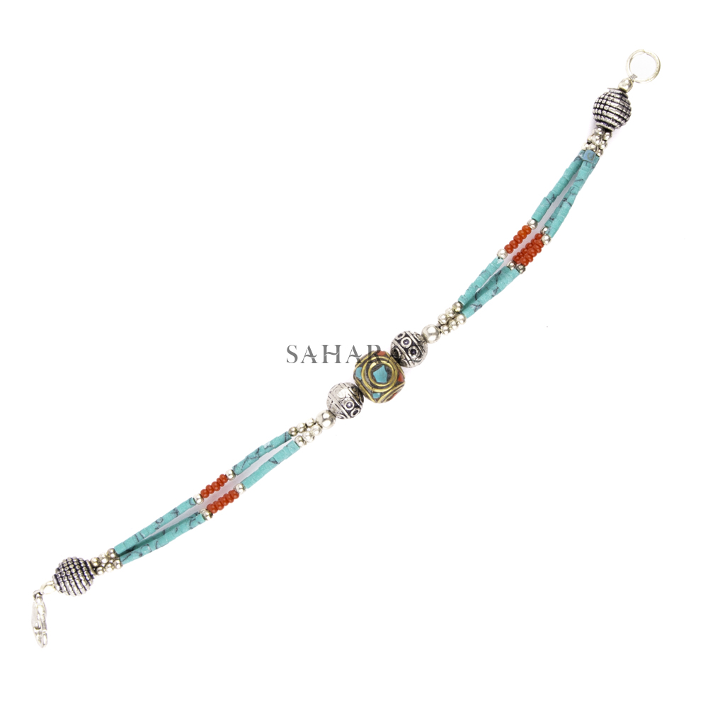 Turquoise, Red Coral, Bracelet Tibetan Silver Handmade Beaded Jewelry Ethnic Tribal Nepalese Bracelet Nepali