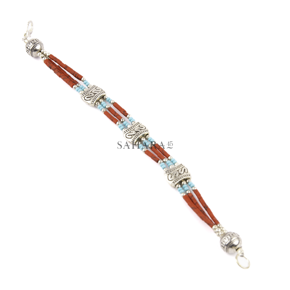 Red Coral, Turquoise Bracelet Tibetan Silver Bracelet Handmade Beaded Jewelry Ethnic Tribal Nepalese Bracelet Nepali