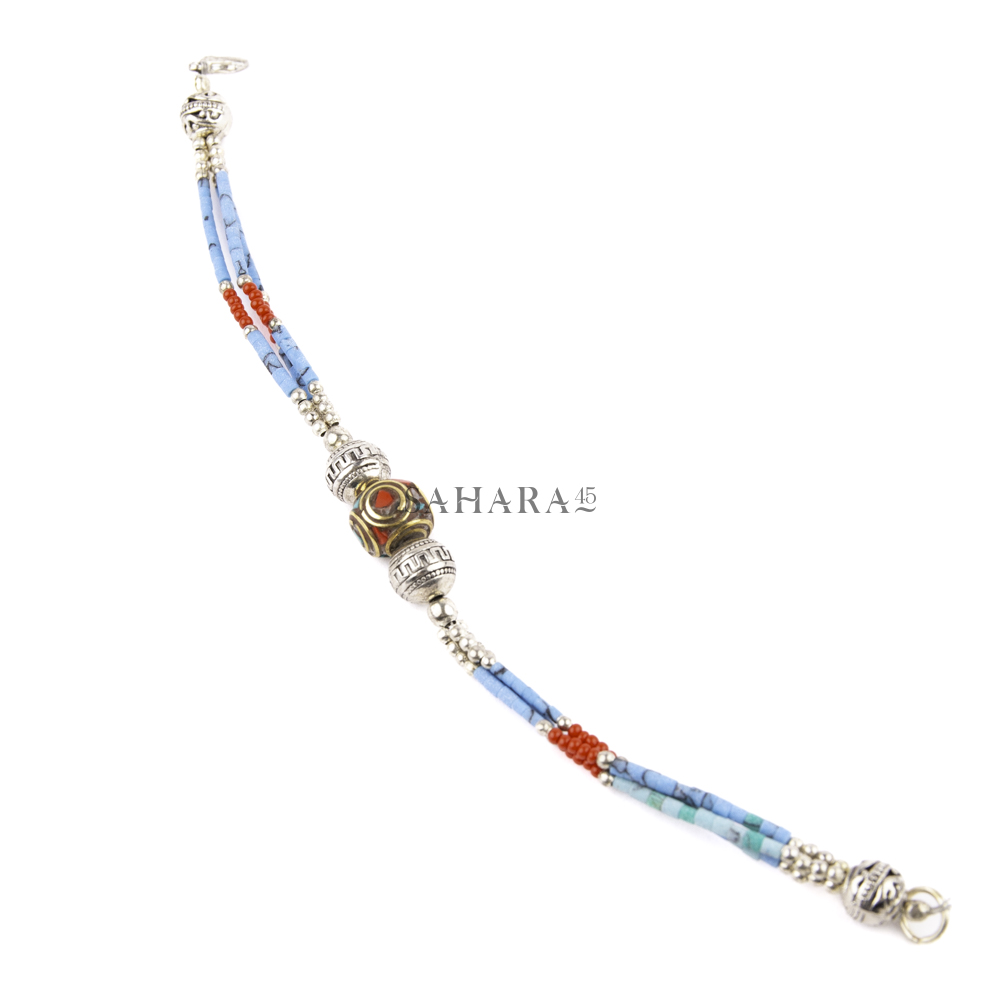 Turquoise, Red Coral, Bracelet Tibetan Silver Handmade Beaded Jewelry Ethnic Tribal Nepalese Bracelet Nepali