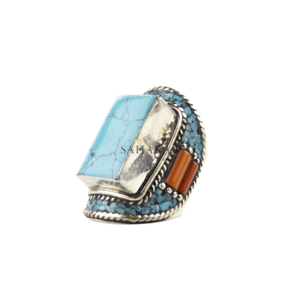 Tibetan Ring, Handmade Tibetan, Turquoise With Red Coral Ring Tibetan Jewelry