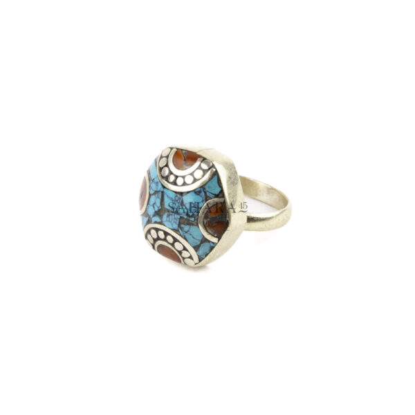 Tibetan Ring, Handmade Tibetan, Red Coral With Turquoise Ring Tibetan Jewelry