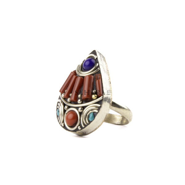Teardrop Shape Ring, Tibetan Ring, Handmade Tibetan, Red Coral With Turquoise Ring, Tibetan Jewelry