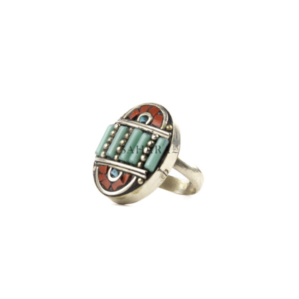 Tibetan Ring, Handmade Tibetan, Turquoise With Red Coral Ring, Oval Ring, Tibetan Jewelry