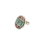 Tibetan Ring, Handmade Tibetan, Turquoise With Red Coral Ring, Oval Ring, Tibetan Jewelry