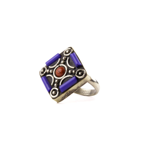 Lapis Lazuli with Coral Ring, Tibetan Ring, Handmade Tibetan, Square Ring, Tibetan Jewelry